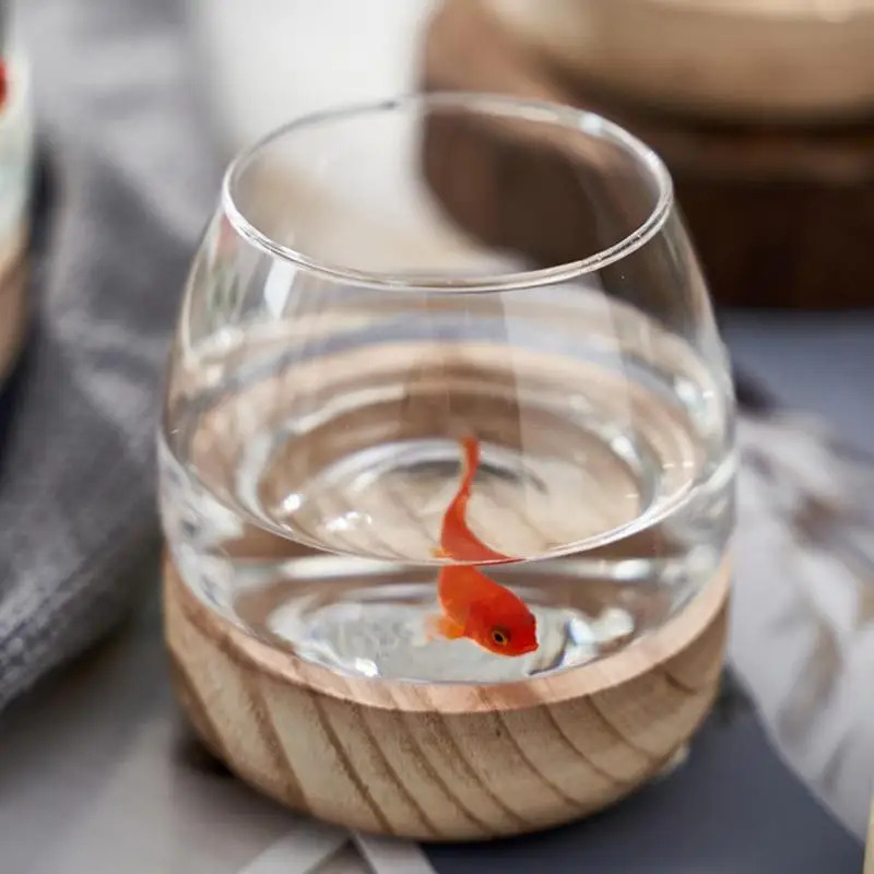 Planted Aquarium For Goldfish - ตู้ปลาทรงกลมตกแต่งพร้อมฐานไม้ - ตู้ปลาใสสำหรับปลาทองและพืชไฮโดรโปนิกส์ ของตกแต่งบ้านที่มีสไตล์